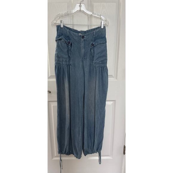 Oli & Hali Pants Large Wide Leg ankle ties Chambray Tencel waist 30" medium - Picture 6 of 15